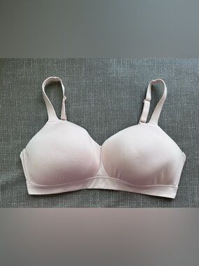 This appears to be a Duluth Trading Co. light pink wireless bra, size 38D.